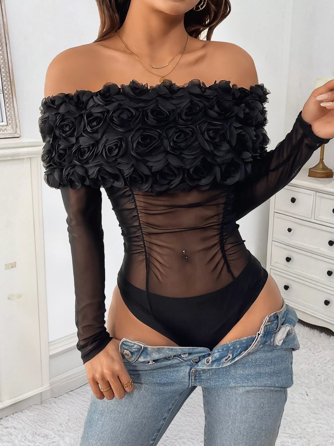 Flower Off-Shoulder Mesh Bodysuit Black