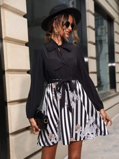 Striped Tie Front Long Sleeve Mini Dress Black