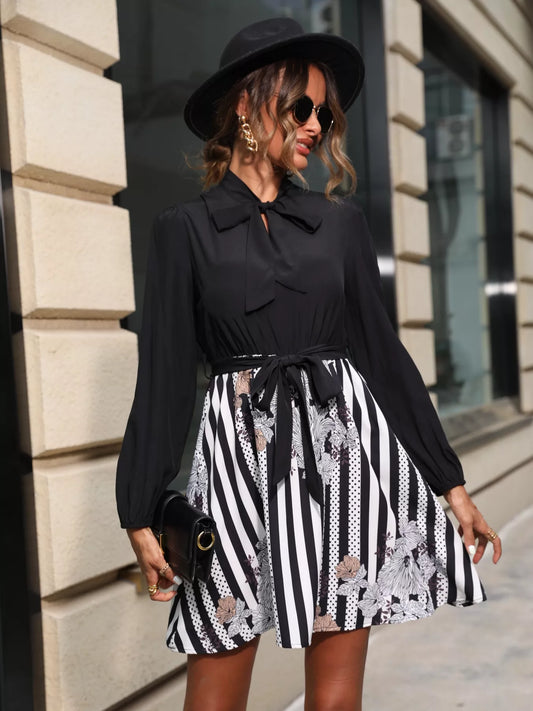 Striped Tie Front Long Sleeve Mini Dress Black