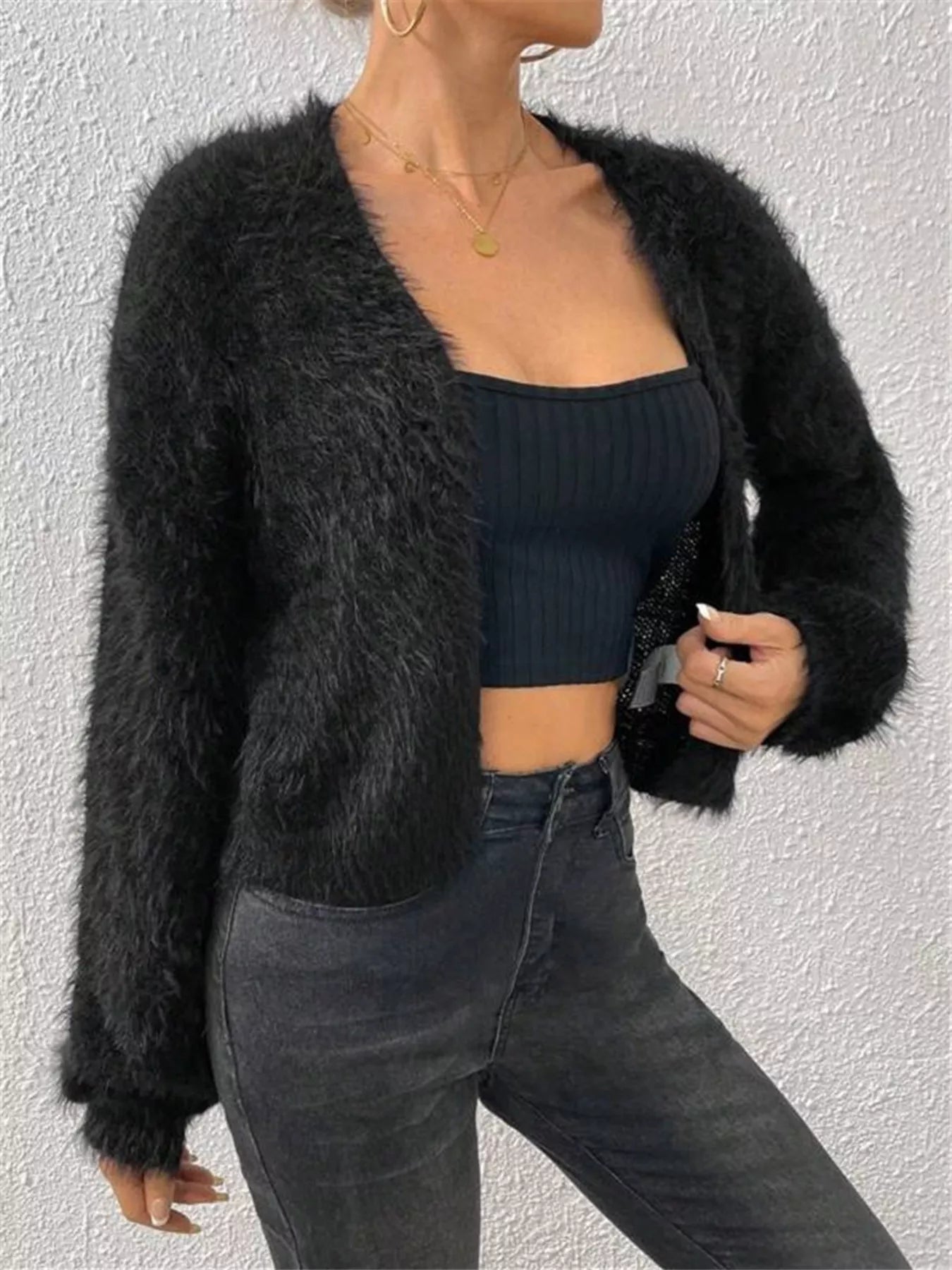 Open Front Long Sleeve Cardigan Black