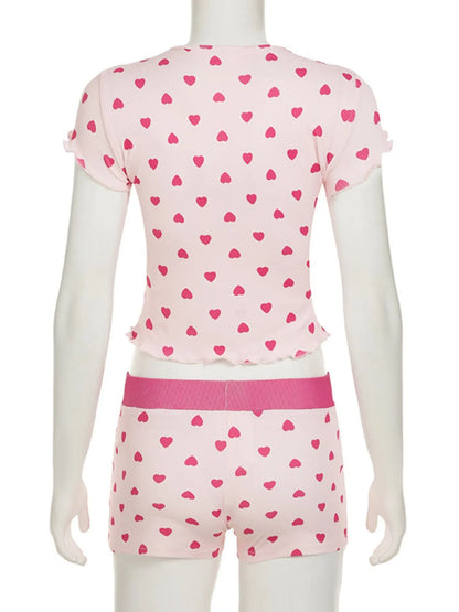 Heart Print Top and Shorts Loungewear Set