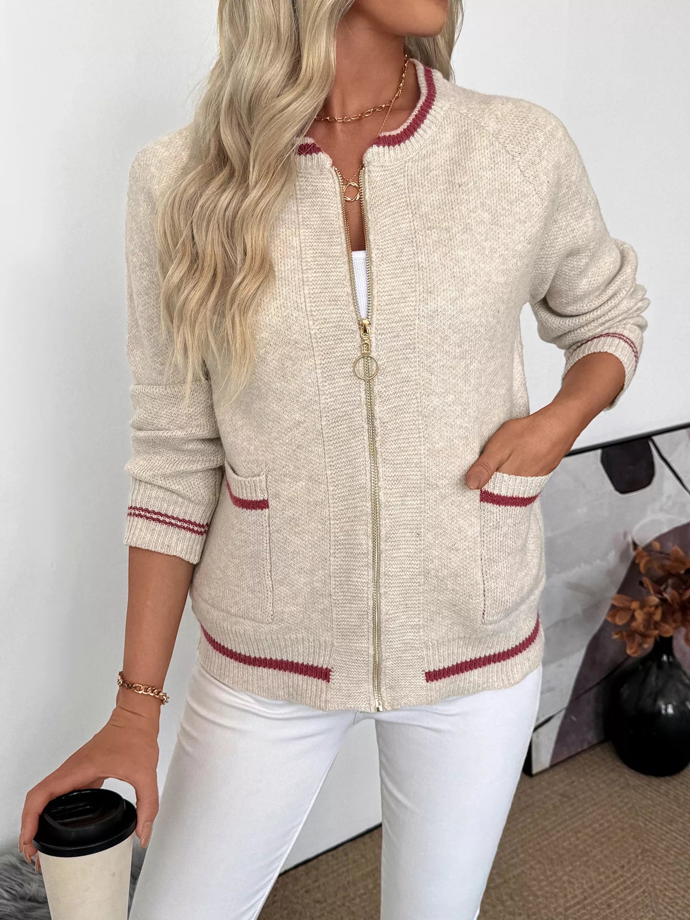 Zip Up Contrast Trim Cardigan