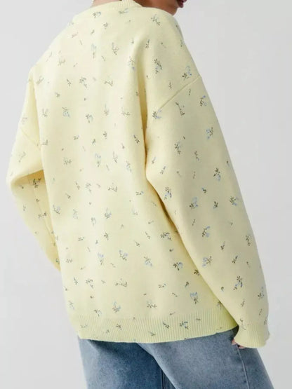 Ribbed Hem Floral Long Sleeve Sweater