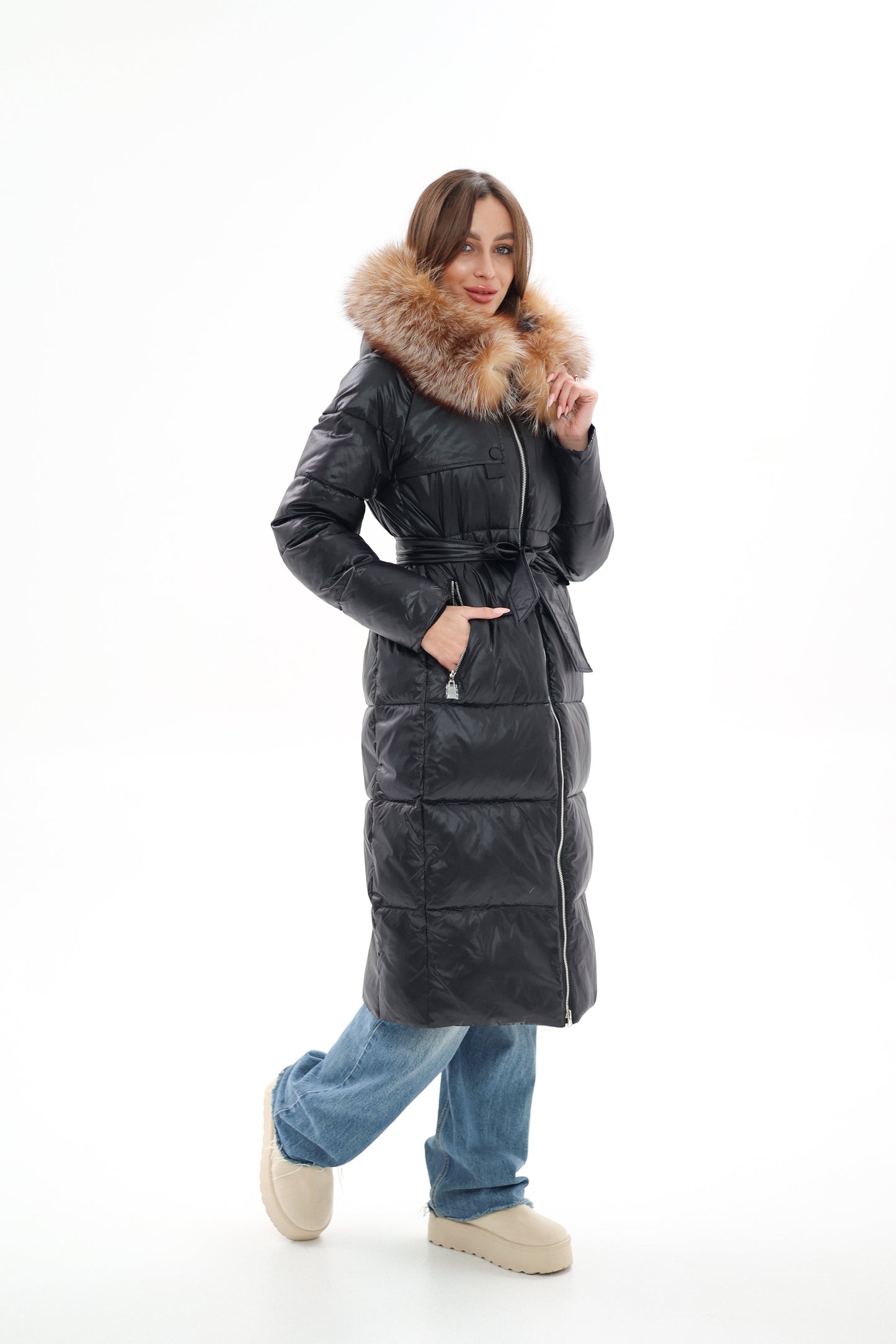 Genuine Silver Fox Fur Alternative Down Fill Coat