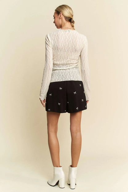 Davi & Dani Long Sleeve Sheer Small Embroidered Bows Lace Top