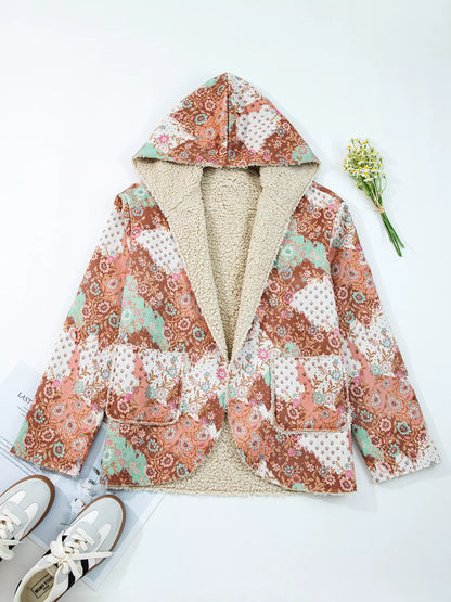 Floral Printed Sherpa Lined Hooded Jacket