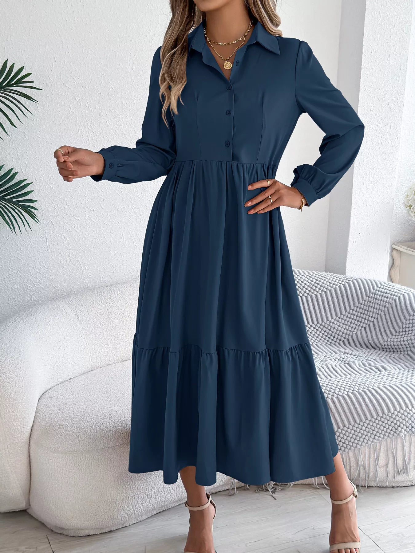 Long Sleeve Tiered Button Front Midi Dress