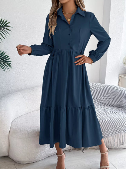 Long Sleeve Tiered Button Front Midi Dress