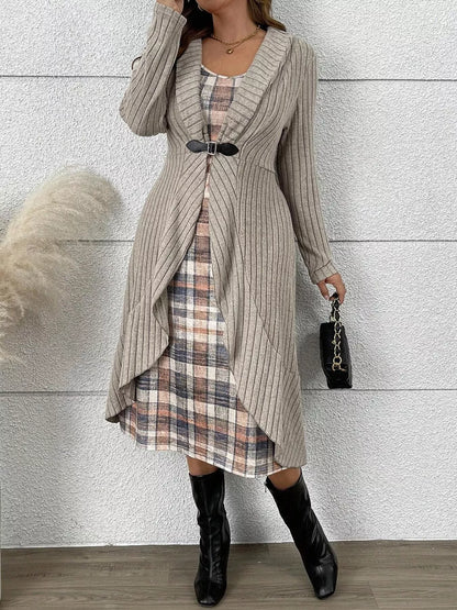 Full Size Plaid Dress & Ribbed Knit Cardigan Set Plus Size Khaki