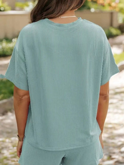 Full Size Ribbed Short Sleeve Top and Shorts Two-Piece Set Plus Size