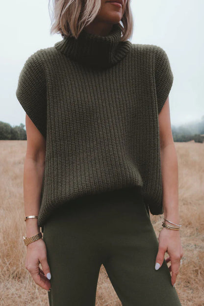 Slit Turtleneck Cap Sleeve Sweater Army Green