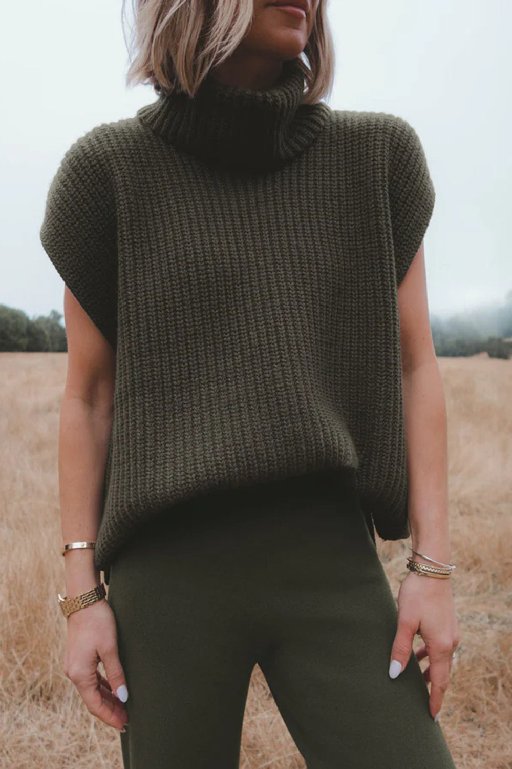 Slit Turtleneck Cap Sleeve Sweater Army Green