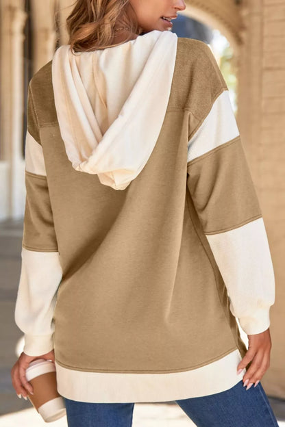Color Block Knit Trim Drawstring Hoodie