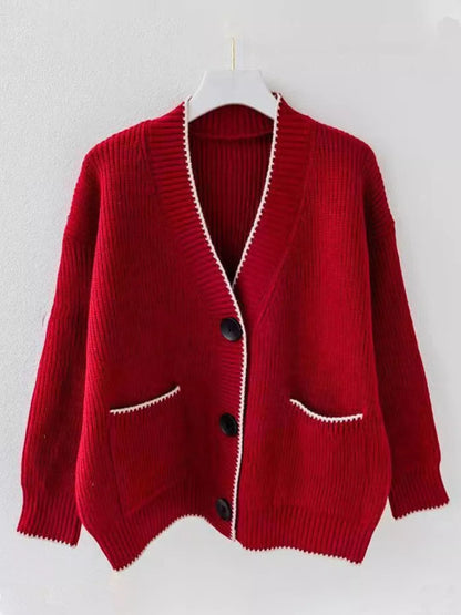Pocketed Button Down Cardigan Red