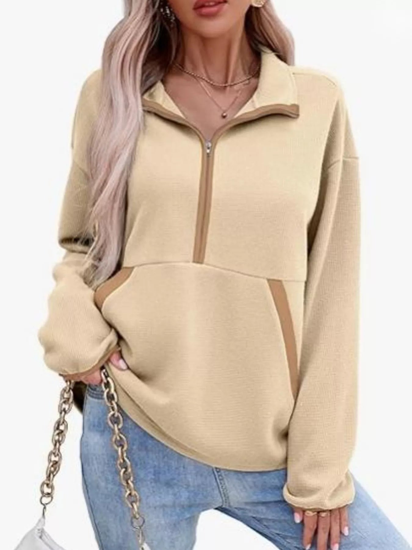 Half Zip Dropped Shoulder Sweatshirt Apricot