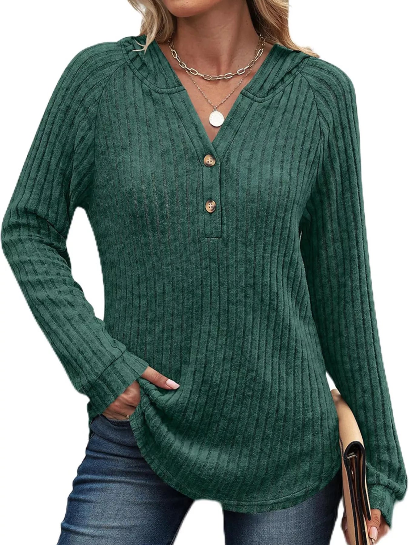 Full Size Ribbed Knit Button Detail Hooded Top Plus Size Green