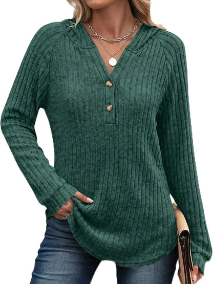 Full Size Ribbed Knit Button Detail Hooded Top Plus Size Green