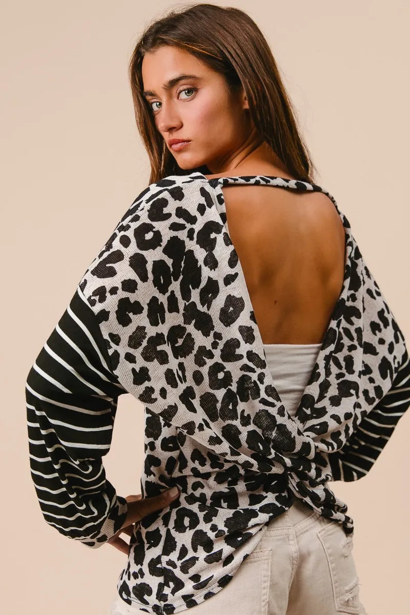BiBi Leopard Hacci Knit Twist Back Top With Stripe Sleeve