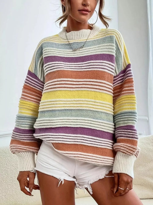 Rainbow Striped Drop Shoulder Oversized Sweater Yellow
