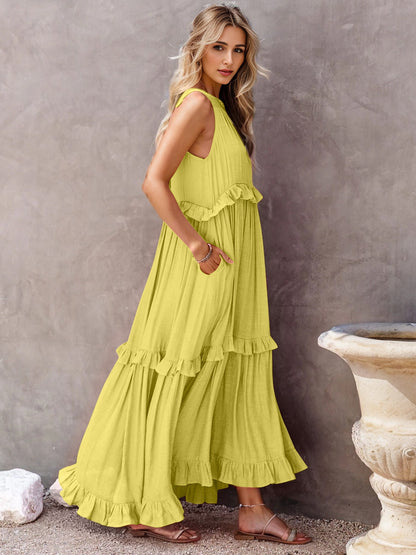 Smocked Tiered Maxi Dress with Pockets Chartreuse