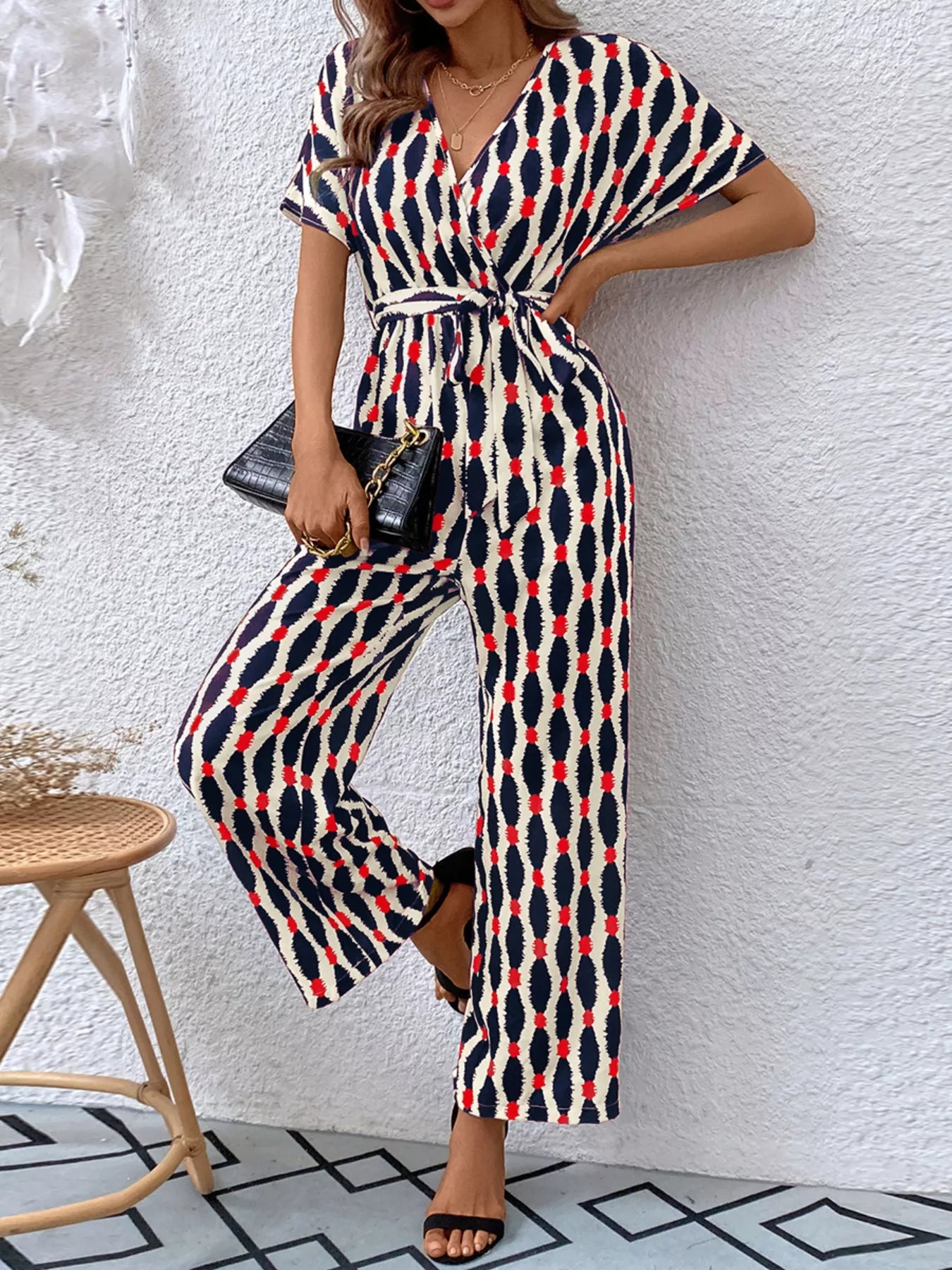 Printed Surplice Tie Waist Short Sleeve Jumpsuit Deep Red