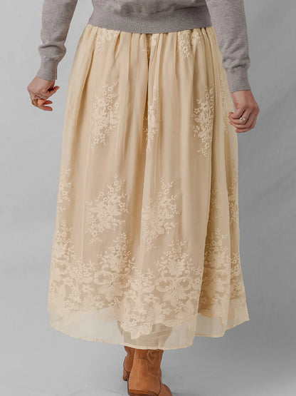 Embroidered Mesh Overlay Flowy Midi Skirt