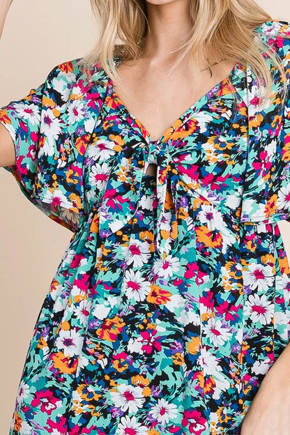 Lime 'N' Chili Floral Print Sweetheart Neck Tie Front Midi Dress