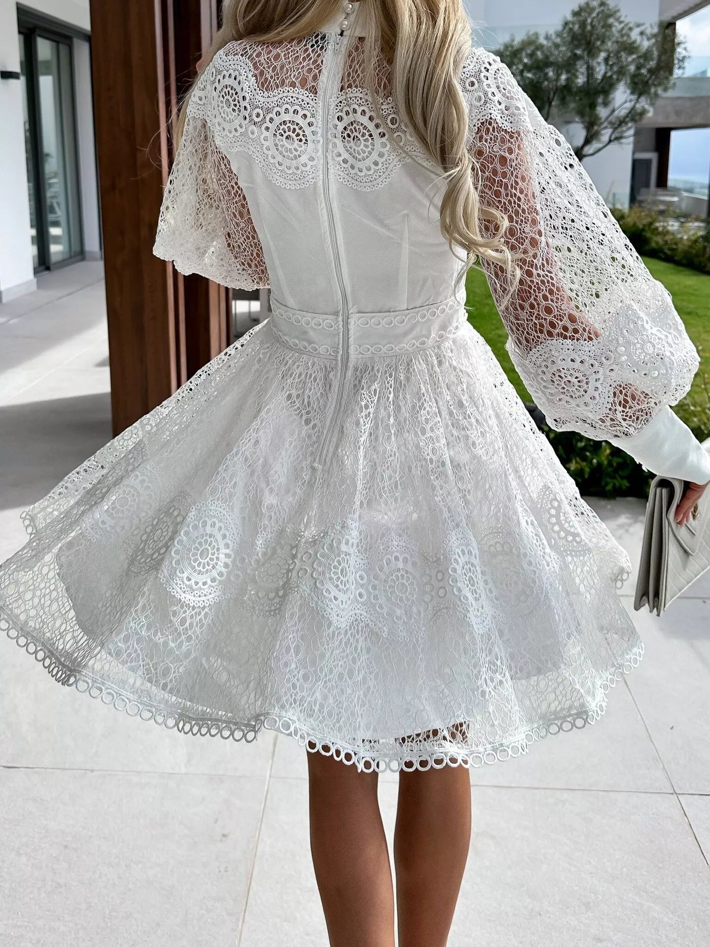 Lace Lantern Sleeve Mini Dress