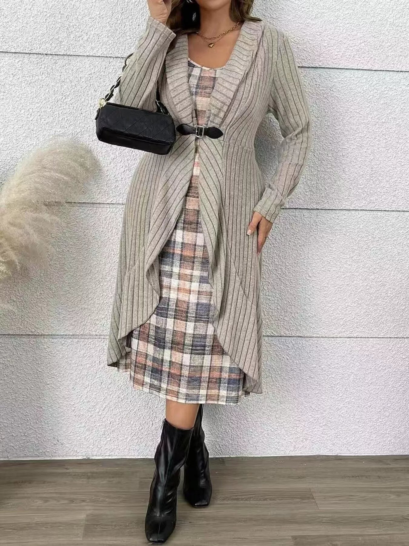 Full Size Plaid Dress & Ribbed Knit Cardigan Set Plus Size