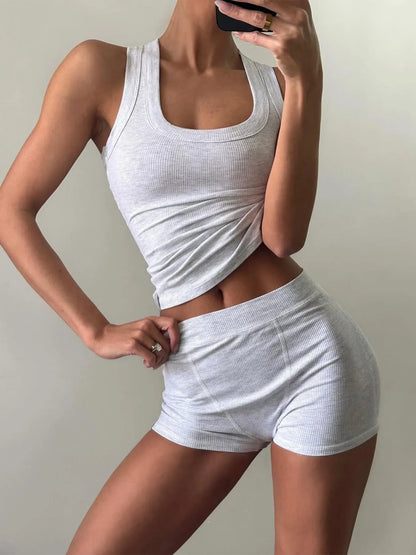 Ribbed Tank Top and Shorts Active Set Light Gray