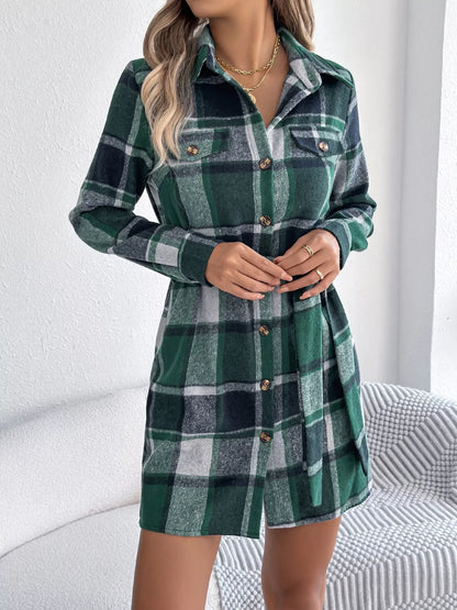 Plaid Button Front Tie Waist Shirt Dress