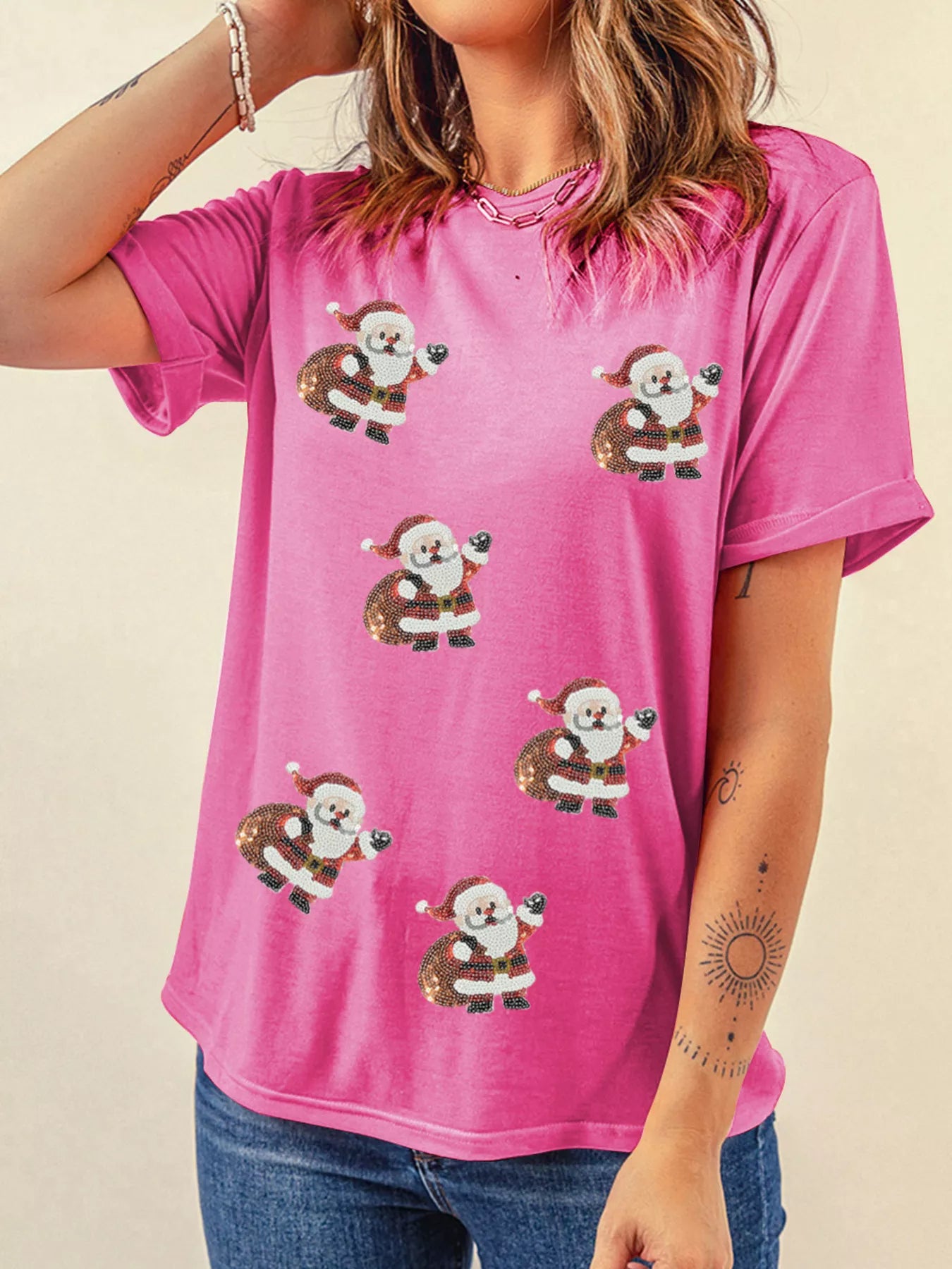 Santa Claus Deliver Gifts Sequin Short Sleeve Tee