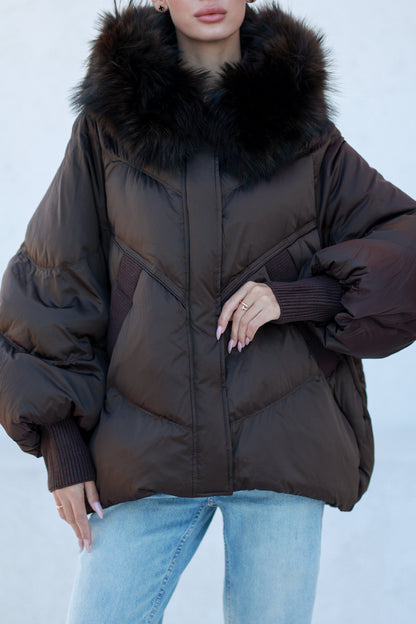 Chantal Genuine Fur Trim Down Fill Coat in Chocolate