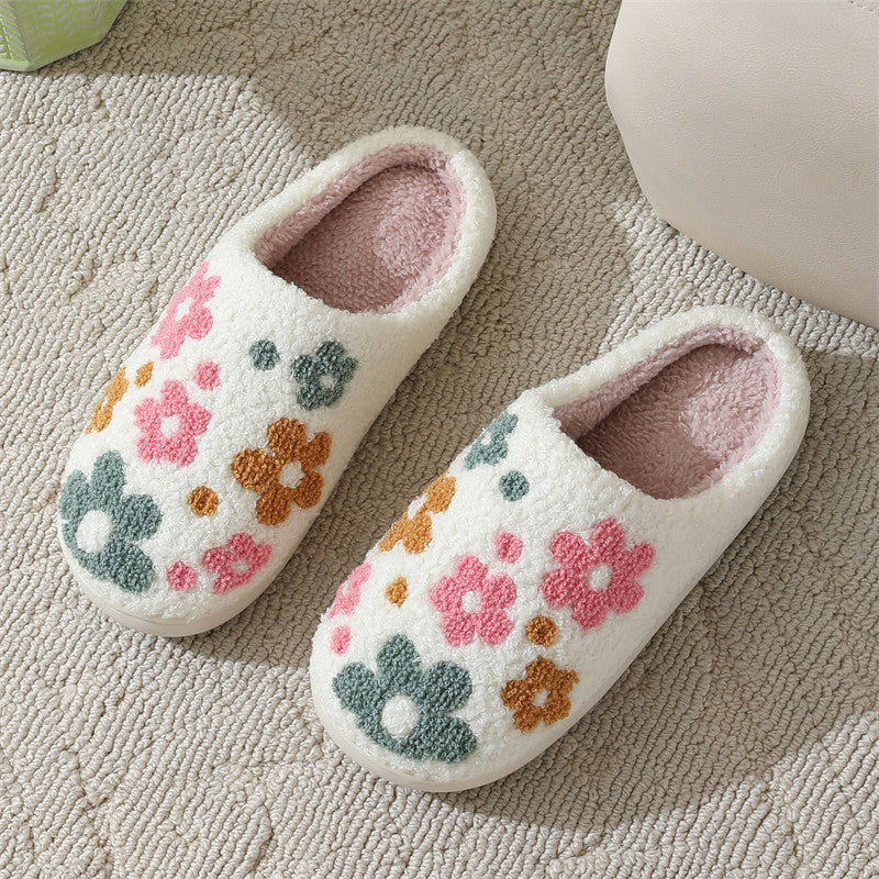Flower Pattern Cotton Slippers Indoor Home Plush Warm Slippers White