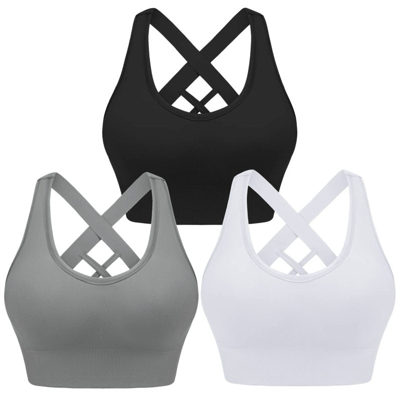 Women's Four Season Solid Nylon Sports Bra - Cross Strap Design Black+white+grey