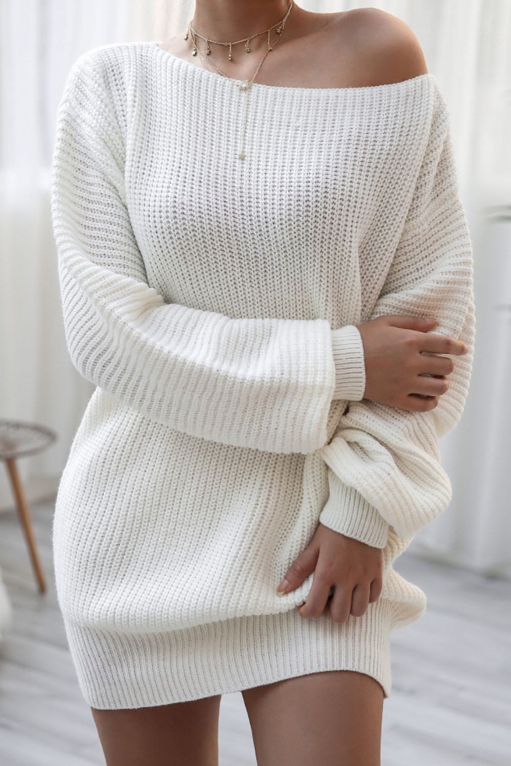 Boat Neck Long Sleeve Mini Sweater Dress White