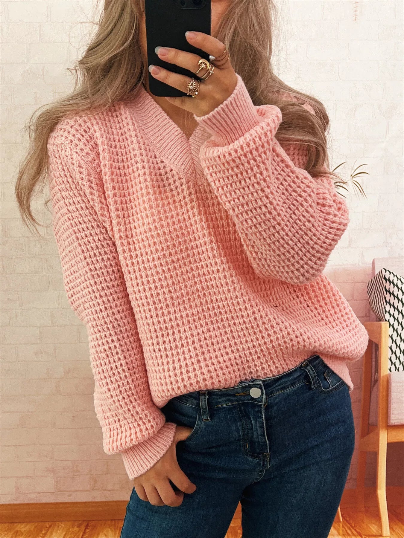 V-Neck Textured Knit Sweater