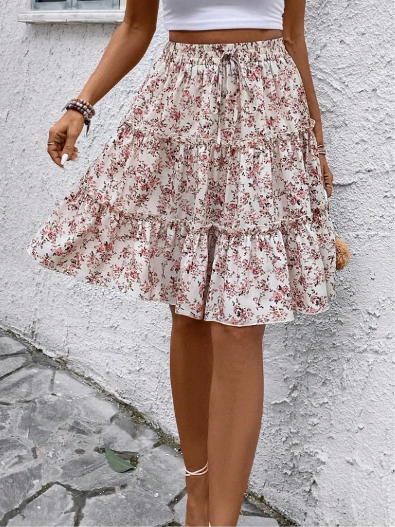 Floral Print Midi Skirt Apricot