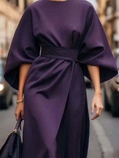 Round Neck 3/4 Sleeve Dress Purple