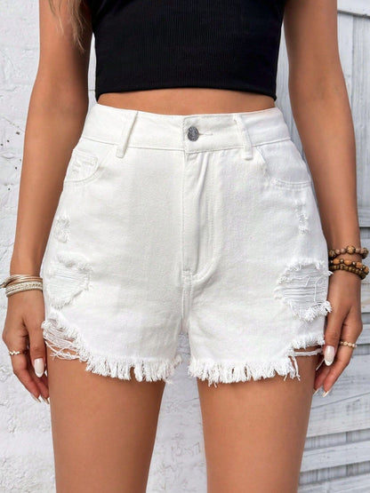 Distressed Raw Hem High Rise Denim Shorts