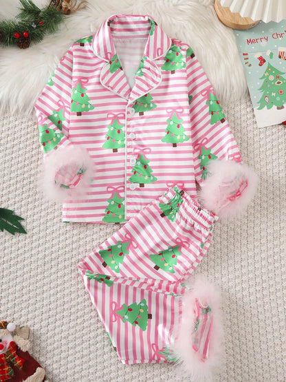 Children's Christmas Tree Print Fluffy Cuff Pajama Set Pink