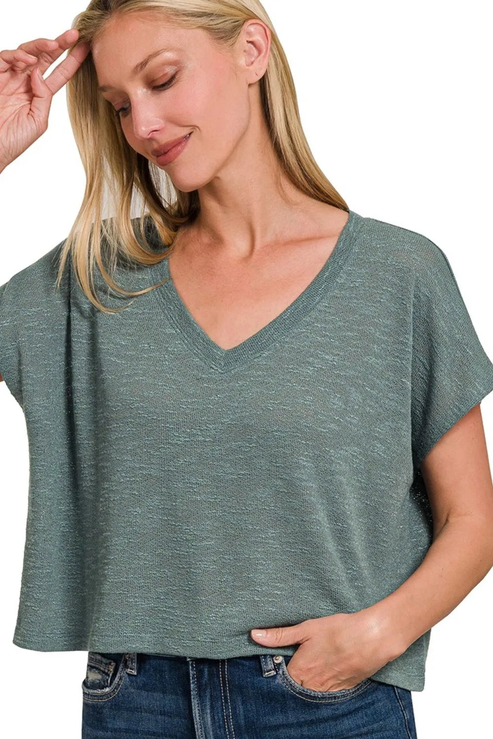 Zenana Hacci Slub V-neck Drop Shoulder Crop Top