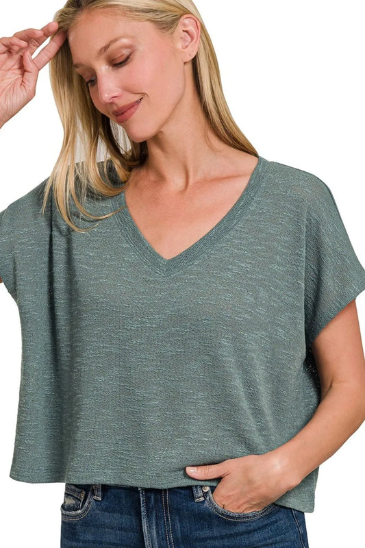 Zenana Hacci Slub V-neck Drop Shoulder Crop Top