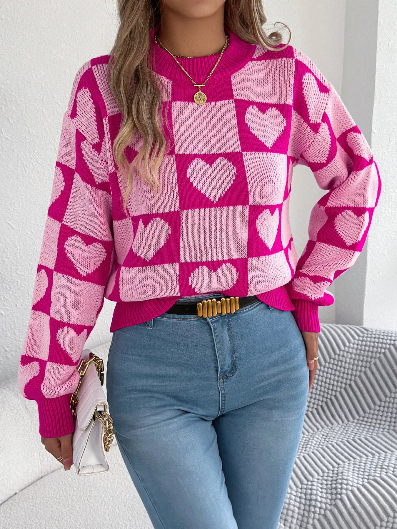 Heart Checkerboard Pattern Round Neck Sweater