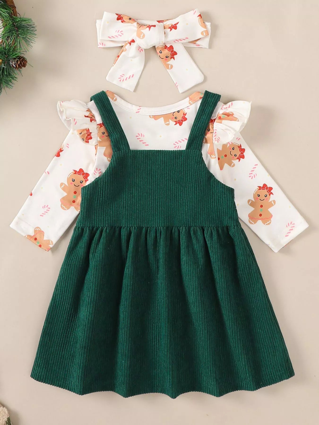 Children's Christmas Bodysuit and Overall Dress Set with Headband