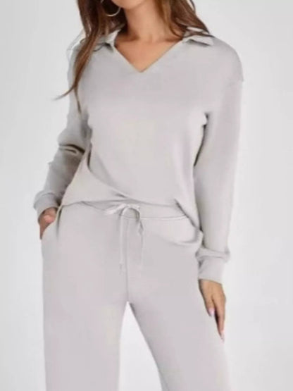 Full Size Johnny Collar Long Sleeve Top and Pants Plus Size