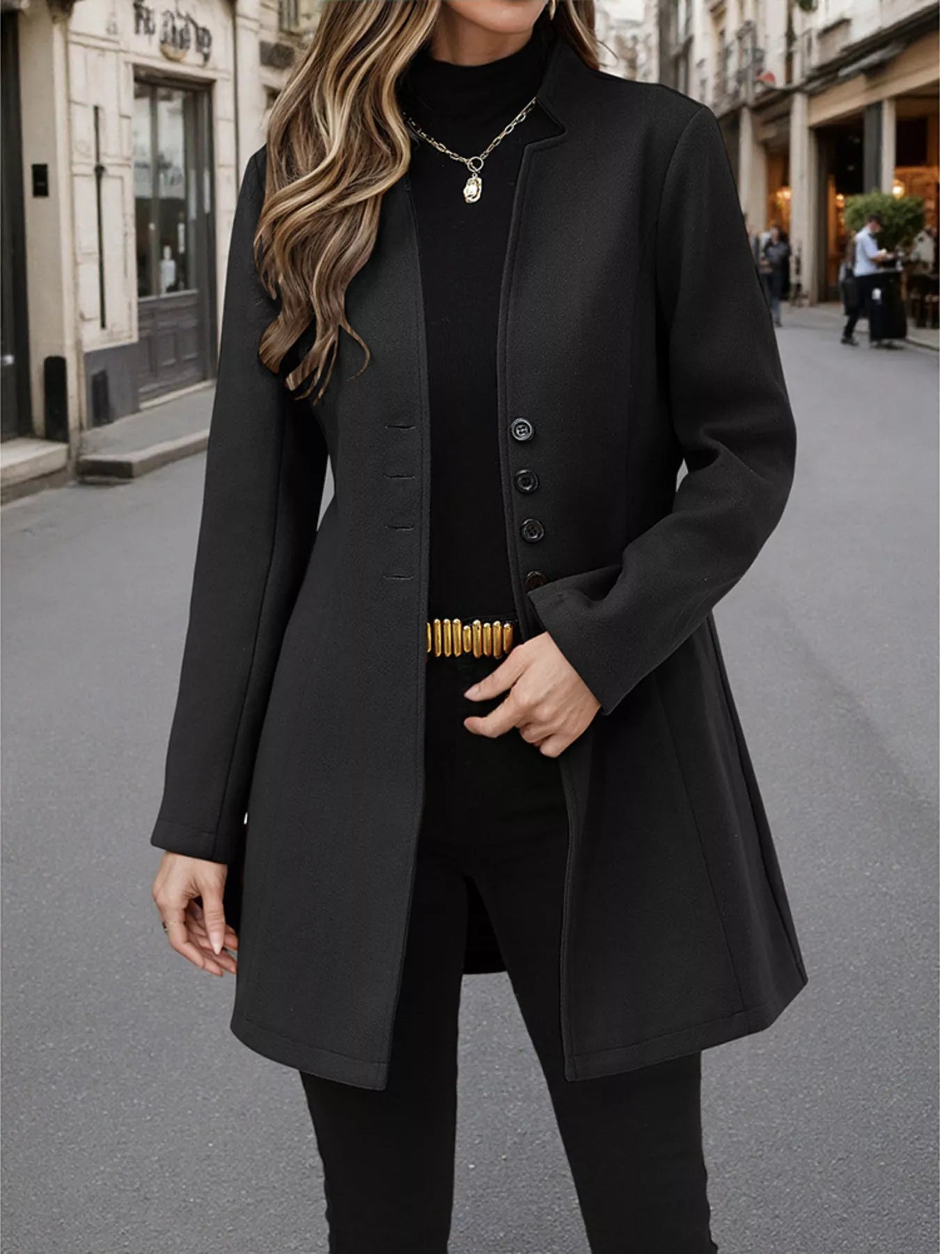 Button Up Long Sleeve Coat Black