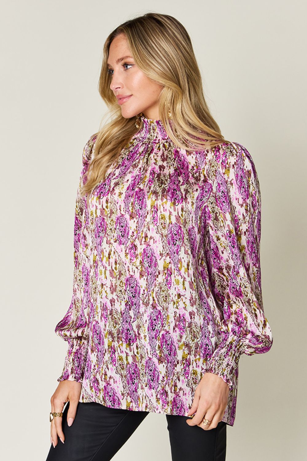 Semi-Sheer Smocked Top with Long Sleeves & Frills