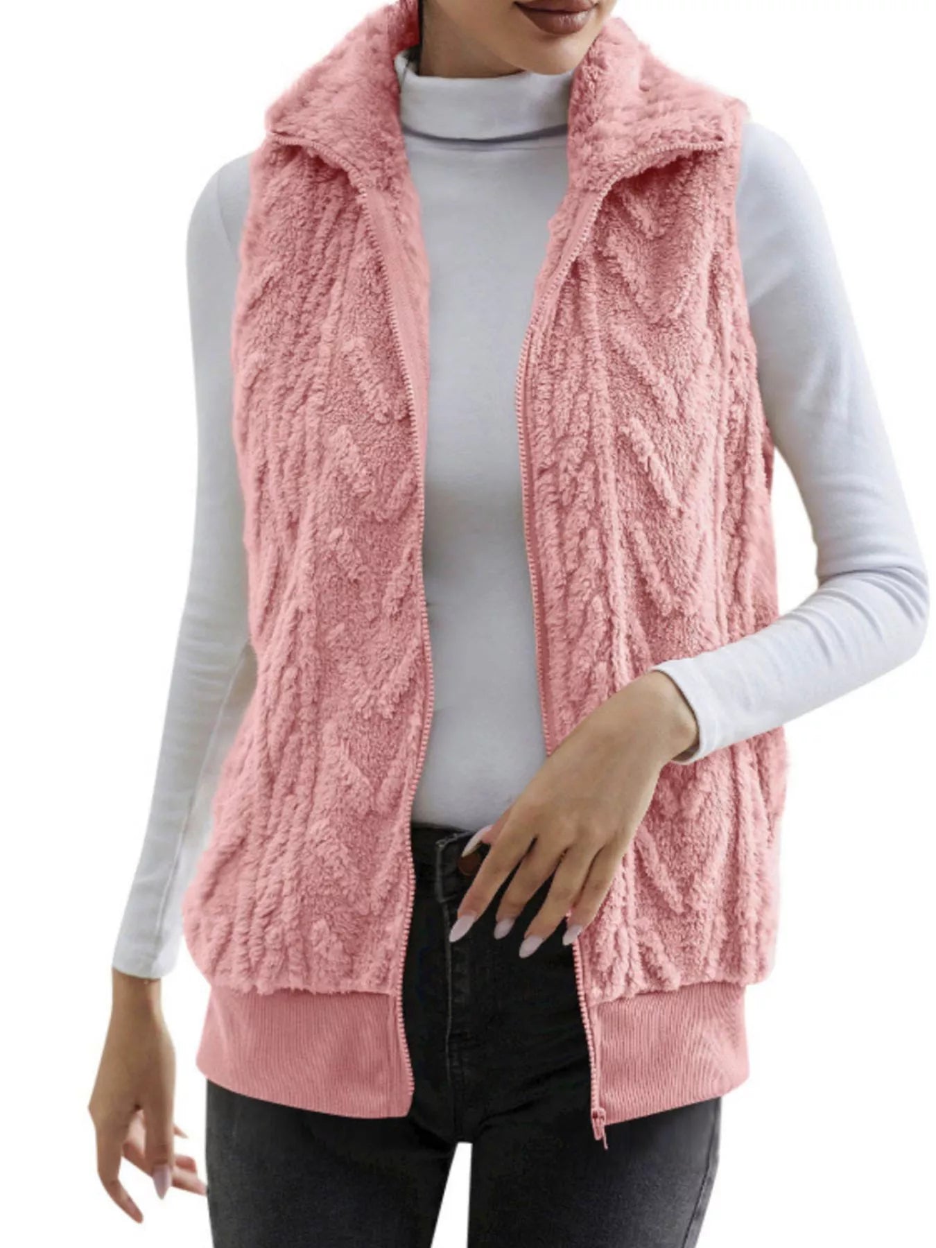 Full Size Cozy Faux Fur Zip-Up Vest Coat Plus Size