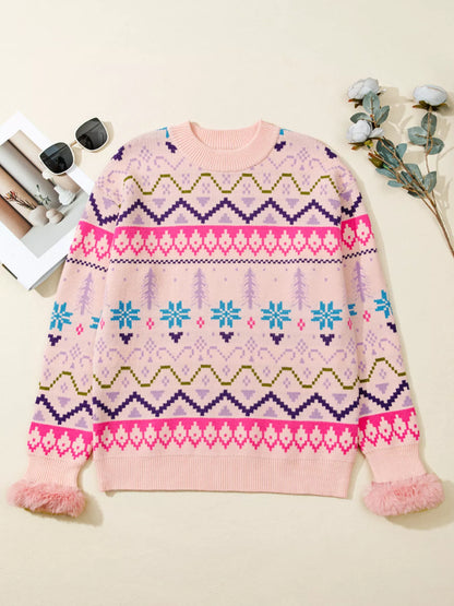 Multicolour Ethnic Christmas Pattern Knit Feather Cuffed Sweater